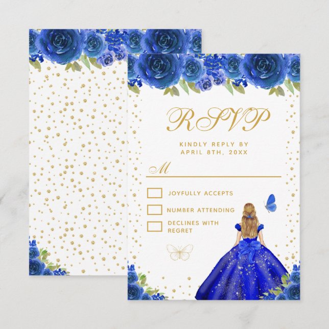 Blue Floral Blonde Hair Princess Sweet Sixteen RSVP Card (Front/Back)