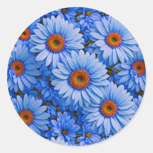 Blue floral blue sunflowers blue daisies pattern  classic round sticker (Front)