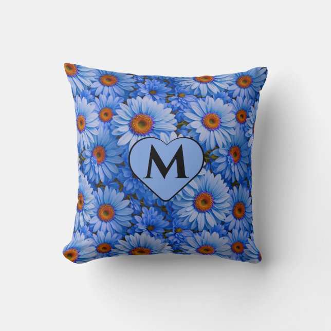 Blue floral blue sunflowers blue daisies pattern  cushion (Front)