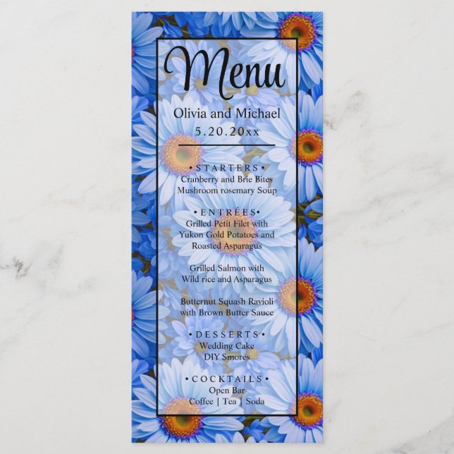 Blue floral blue sunflowers blue daisies pattern  menu (Front)