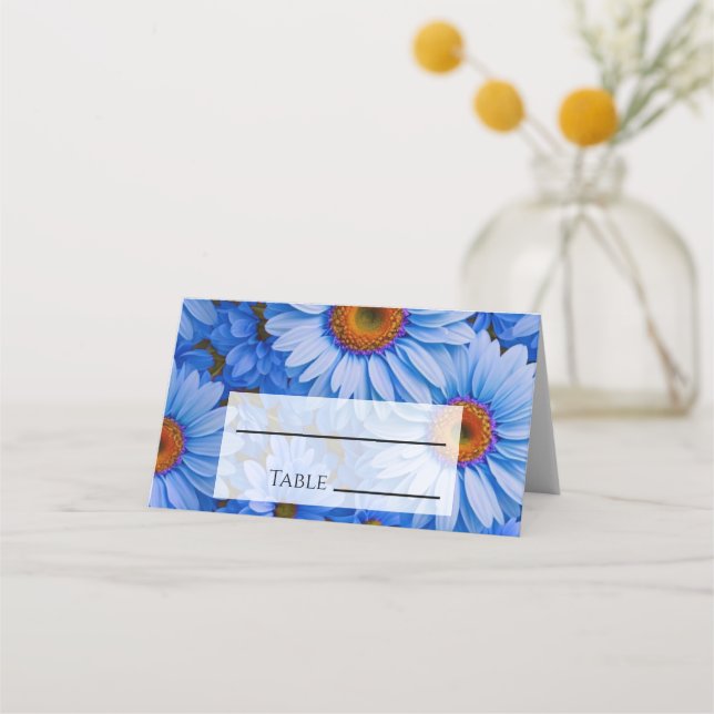 Blue floral blue sunflowers blue daisies pattern  place card (Front)