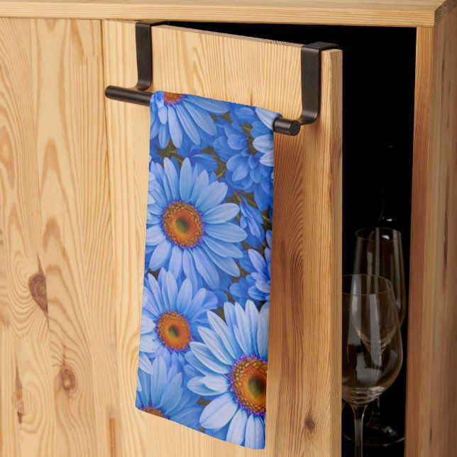Blue floral blue sunflowers blue daisies pattern  tea towel (Thirds Fold)