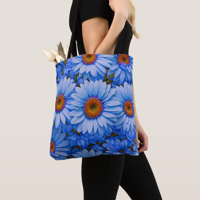 Blue floral blue sunflowers blue daisies pattern  tote bag (Close Up)