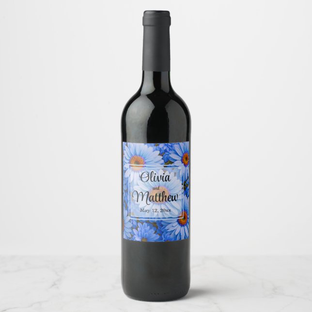 Blue floral blue sunflowers blue daisies pattern  wine label (Front)