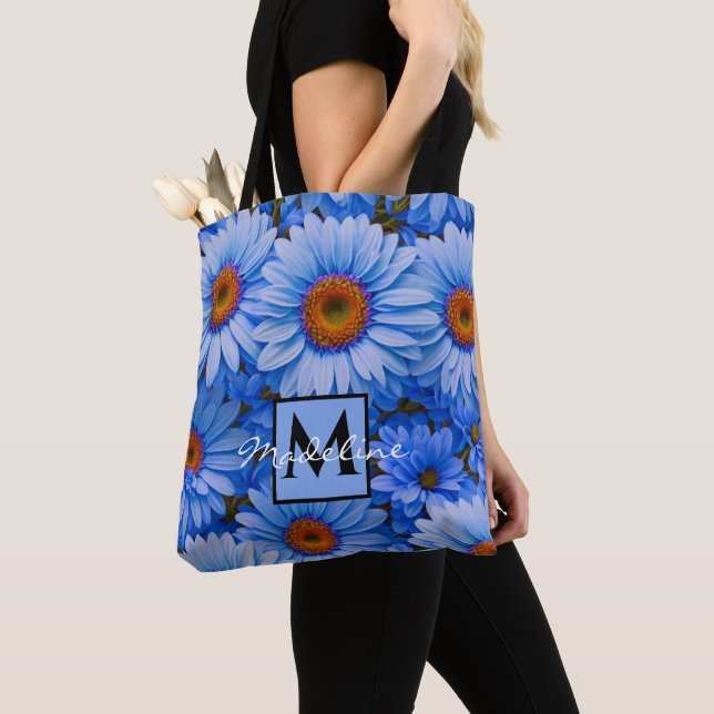 Blue floral blue sunflowers blue daisy personalise tote bag (Close Up)