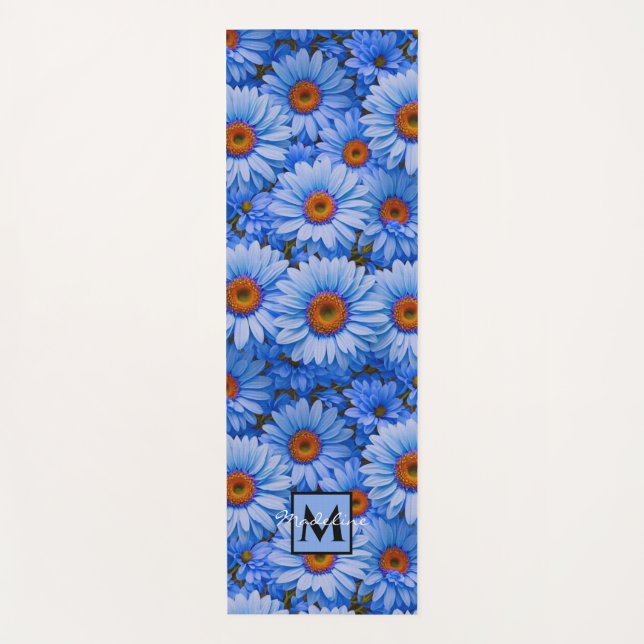 Blue floral blue sunflowers blue daisy personalise yoga mat (Front)