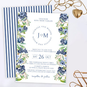 Blue floral blueberry monogram wedding invitation