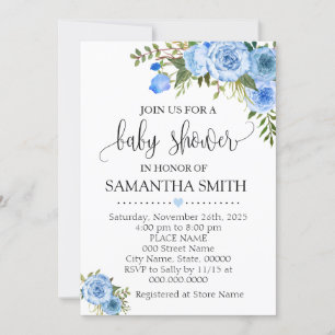Blue floral boho chic baby shower invitation