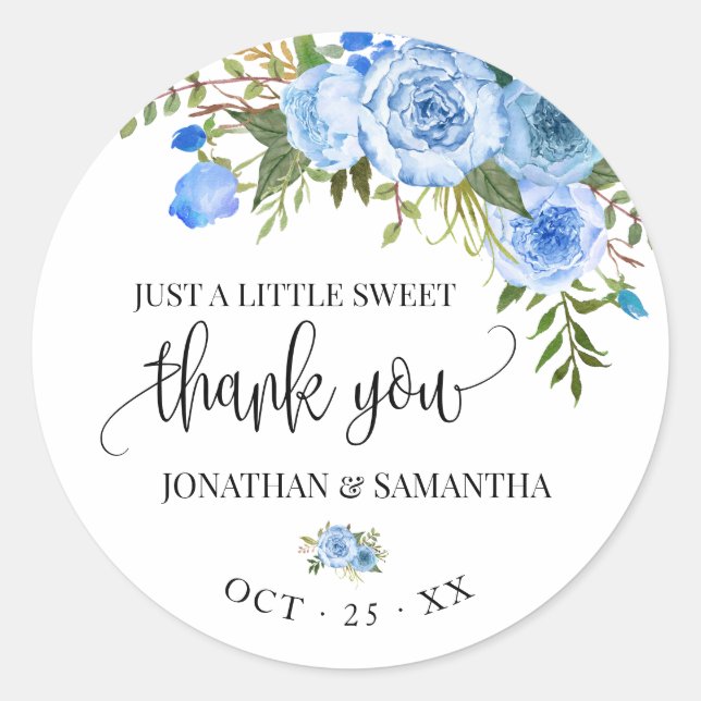 Blue floral boho chic wedding thank you classic round sticker (Front)
