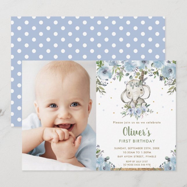Blue Floral Boho Elephant Boy 1st Birthday Photo Invitation (Front/Back)