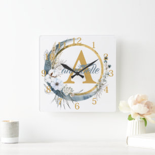 Blue Floral Boho Personalised Name and Initial Square Wall Clock
