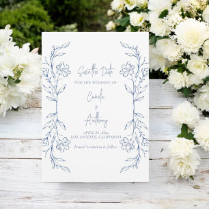 Blue Floral Boho Side Border Wedding Invitation