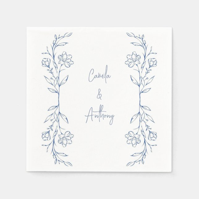 Blue Floral Boho Side Border Wedding Napkin (Front)