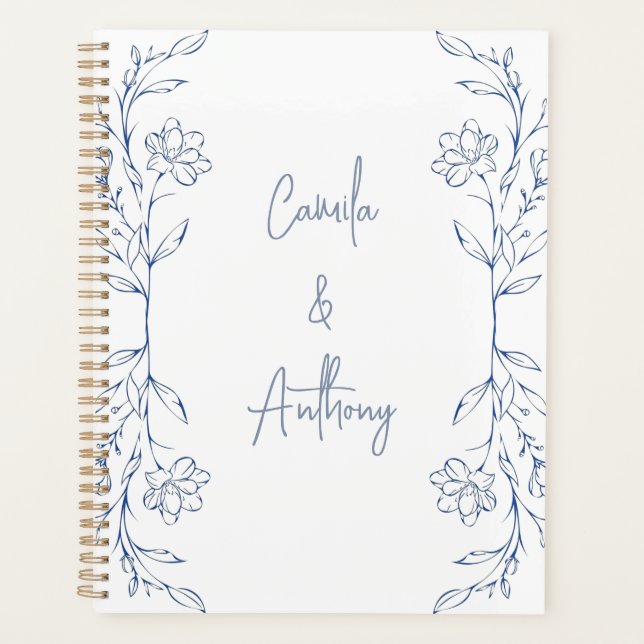 Blue Floral Boho Side Border Wedding Planner (Front)
