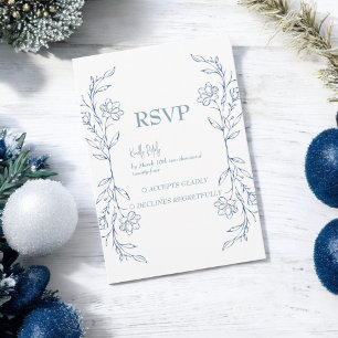 Blue Floral Boho Side Border Wedding RSVP Card