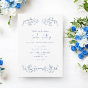 Blue Floral Boho Top Border Wedding Invitation