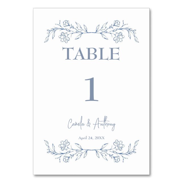 Blue Floral Boho Top Border Wedding Table Number (Front)