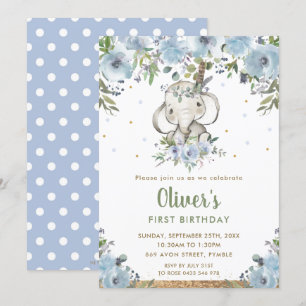 Blue Floral Boho Tribal Elephant Boy 1st Birthday Invitation