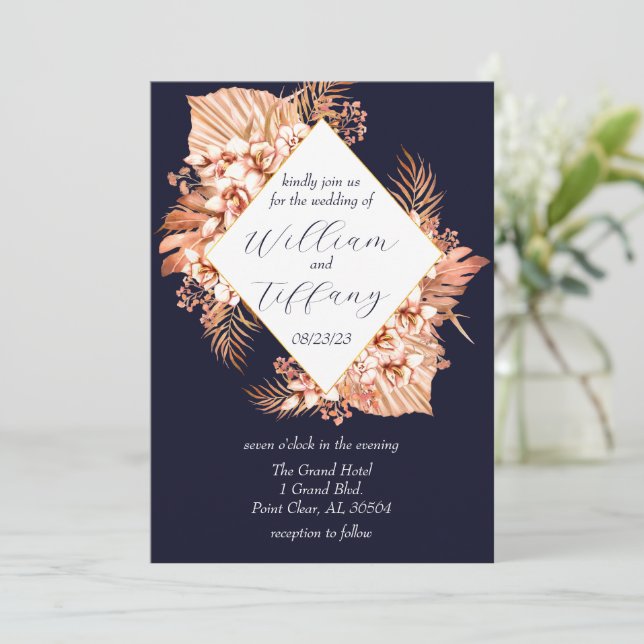 Blue Floral Boho Wedding Invitation (Standing Front)