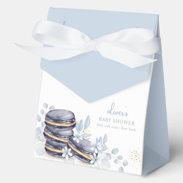 Blue Floral Bonjour Bébé Macaron Baby Shower Favour Box (Front)