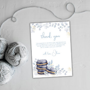 Blue Floral Bonjour Bébé Macaron Baby Shower Thank You Card