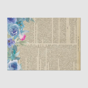 Blue Floral Book Page Decoupage Tissue Paper