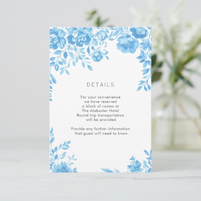 Blue Floral Border Wedding Details Enclosure Card (Standing Front)