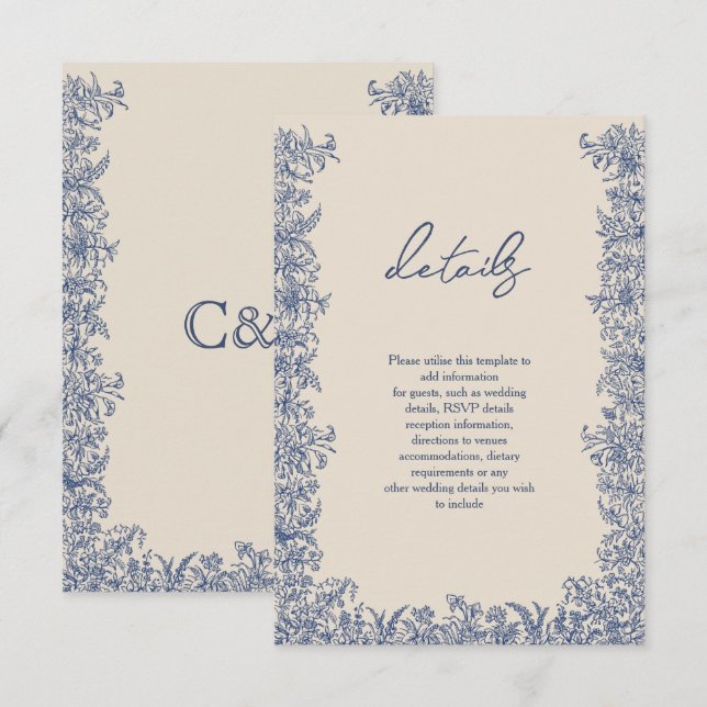 Blue floral border wedding  enclosure card (Front/Back)