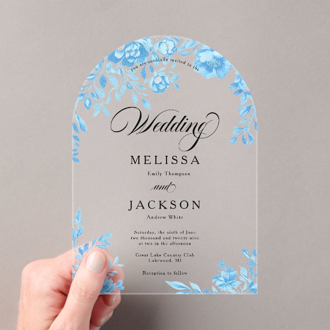 Blue Floral Border Wedding Invitation (Insitu (Handheld))