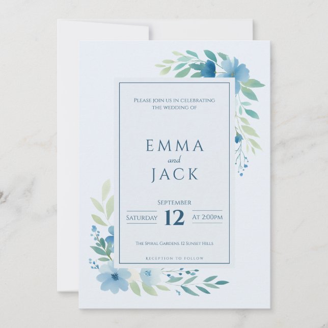 Blue floral botanical border modern invitation (Front)