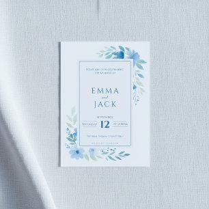 Blue floral botanical border modern invitation