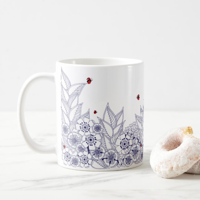 Blue Floral Botanical Border Mug (With Donut)