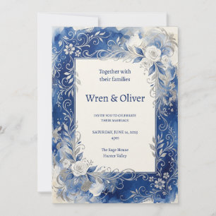 Blue Floral Botanical Roses Wedding Invitation
