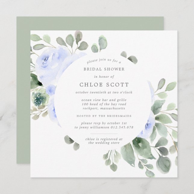 Blue Floral Botanical Square Bridal Shower Invitation (Front/Back)