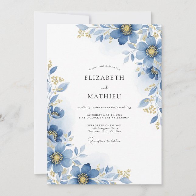 Blue Floral Botanical Wedding Invitation (Front)