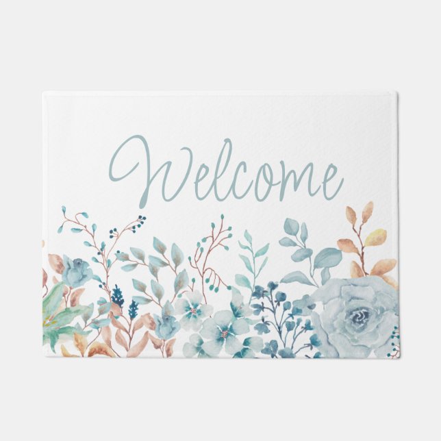 Blue Floral Botanical Welcome Typography Doormat (Front)