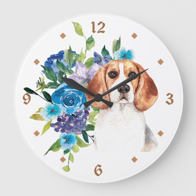 Blue Floral Bouquet Beagle Dog Large Clock (Front)