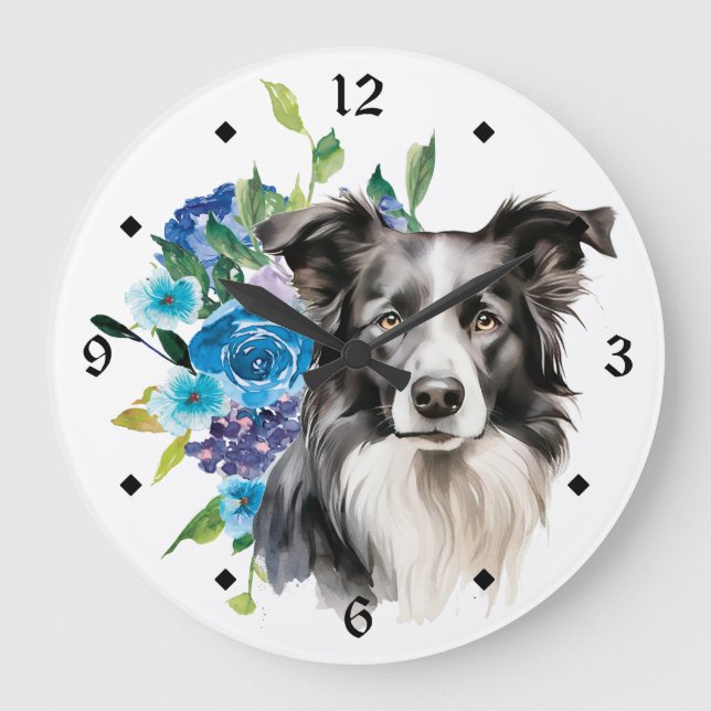 Blue Floral Bouquet Border Collie Dog Large Clock (Front)