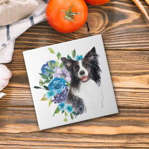 Blue Floral Bouquet Border Collie Tile