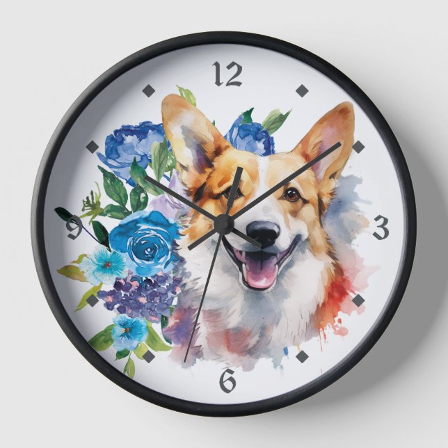 Blue Floral Bouquet Corgi Dog Clock (Front)