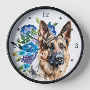 Blue Floral Bouquet German Shepherd Dog Clock