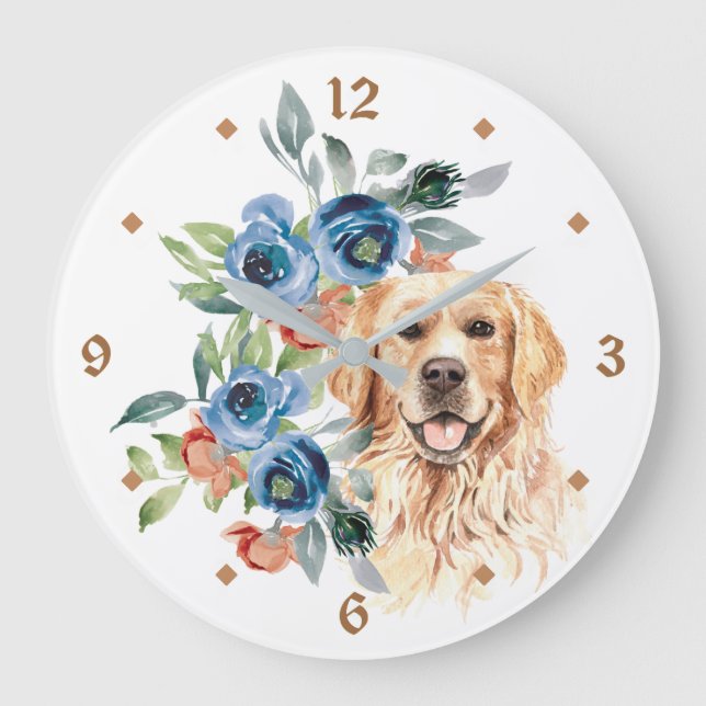 Blue Floral Bouquet Golden Retriever Large Clock (Front)