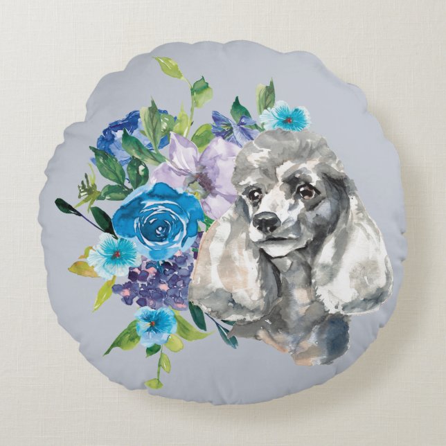 Blue Floral Bouquet Grey Poodle Round Cushion (Front)