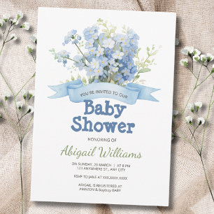 Blue Floral Bouquet & Ribbon Baby Shower Invitation