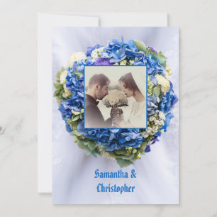 Blue floral bouquet wedding photo invitation