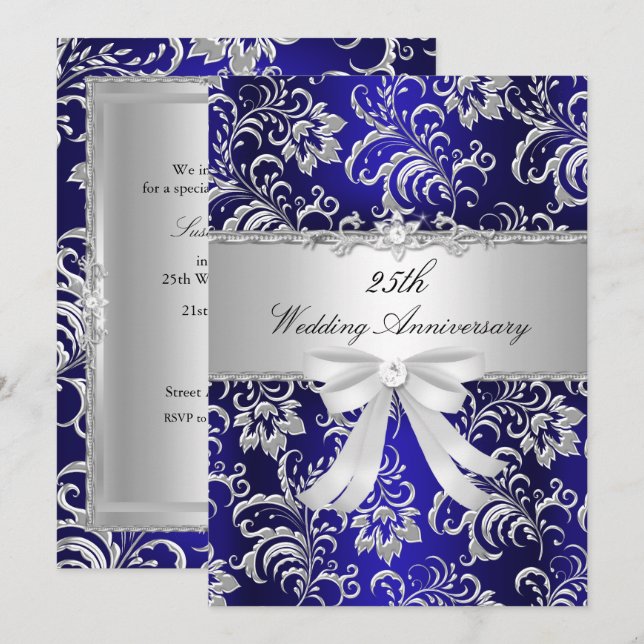 Blue Floral & Bow 25th Wedding Anniversary Invite (Front/Back)