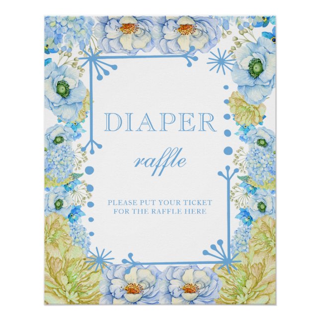 Blue Floral & Bow Baby Shower Diaper Raffle Poster (Front)