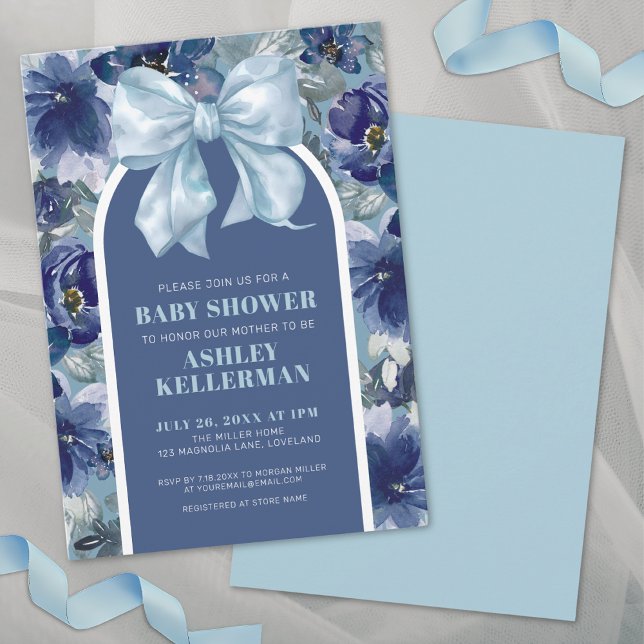 Blue Floral Bow Boy Baby Shower Invitation (Blue Floral Boy Baby Shower Invitation)