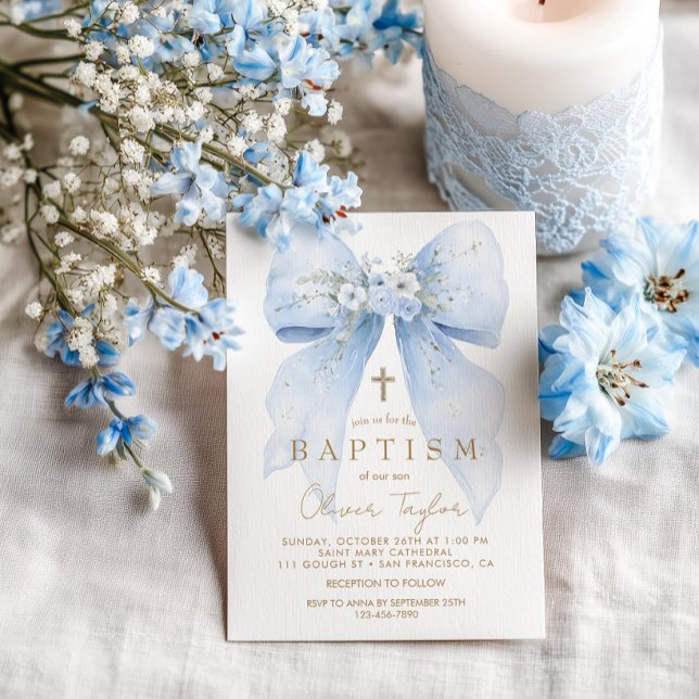 Blue Floral Bow Boy Baptism Invitation (Creator Uploaded)