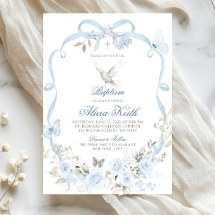 Blue Floral Bow Coquette Dove Baptism Invitation